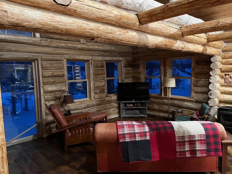 Log cabin interior with a wood stove and exposed beams