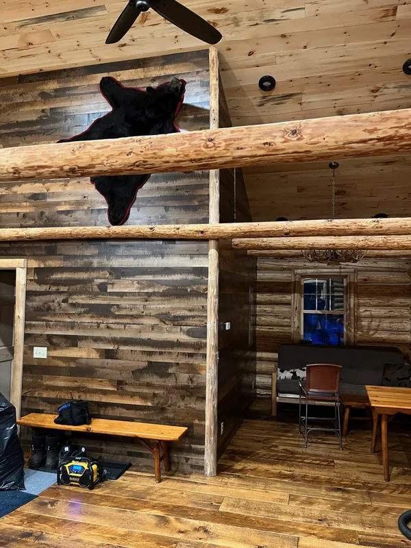 Interior timber framing and staircase under construction